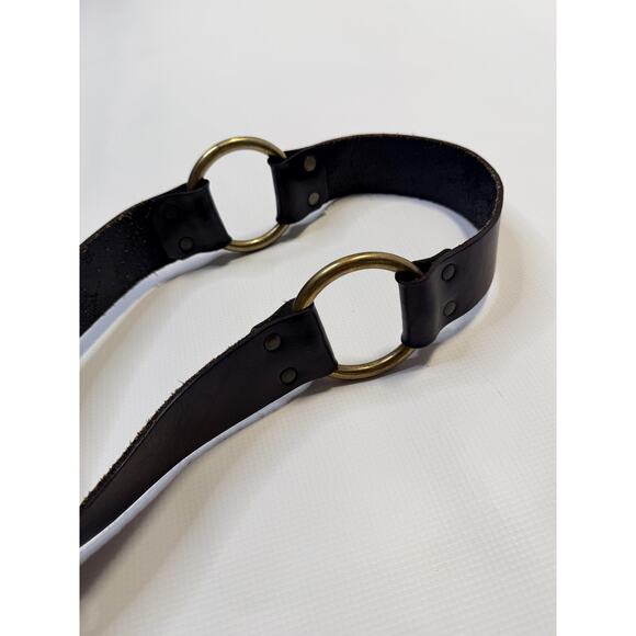 Red Monkey Belt Mens Black Leather Solid Brass Round Buckle Double O-Ring Heavy - Picture 3 of 9